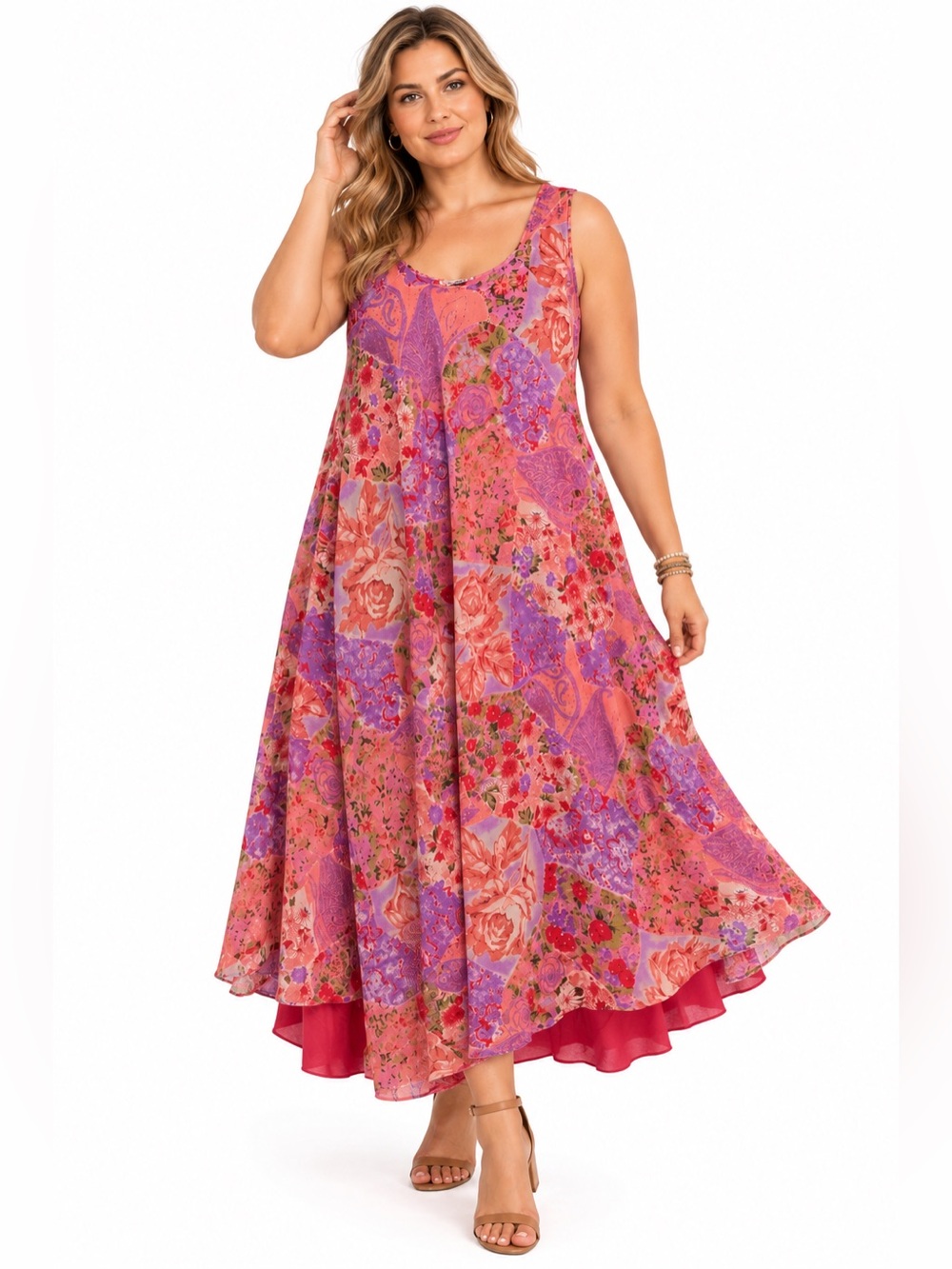 Vintage Sunbelt Patchwork Floral Maxi Dress Boho Lagenlook Artsy Layered XL